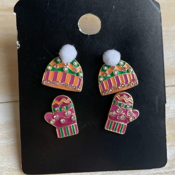 2 Pair Colorful Enamel Earrings Stud Winter Hat & Mittens Unbranded - Picture 1 of 5